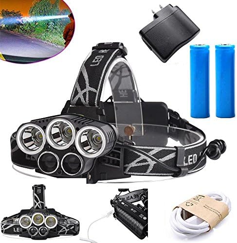 Headlamp ,Best Brightest 6 Modes LED Headlight,5 LED Original Cree XML T6 Bulbs ,Waterproof Flashlight with 90º Moving Light-18650 Rechargable Battery Adjustable Headband,Best for Camping Running Hiki