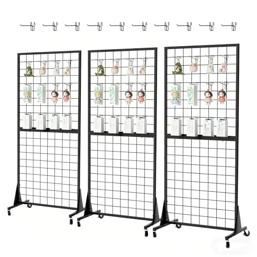 DEYEGELEA Lot de 3 Grille d’Exposition sur Pied, 180x160cm Présentoir de vente au détail, Présentoirs Robustes avec base triangulaireavec Crochets Inclus, pour Magasin de Détail, Salon Professionnel
