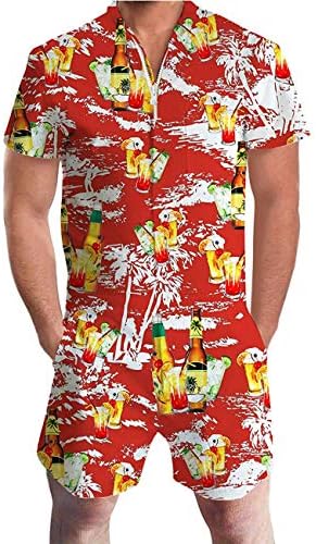 jumpjisper Mens Rompers Jumpsuits Shortsleeve One Piece Drawstring Hooded Tracksuits Casual Coverall Playsuits with Pockets