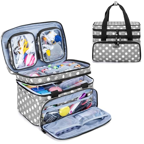 BAFASO Double Layer Sewing Accessories Organizer with 2 Detachable Pouches, Large Sewing Storage Bag for Sewing Tools (Bag ONLY), Polka Dots