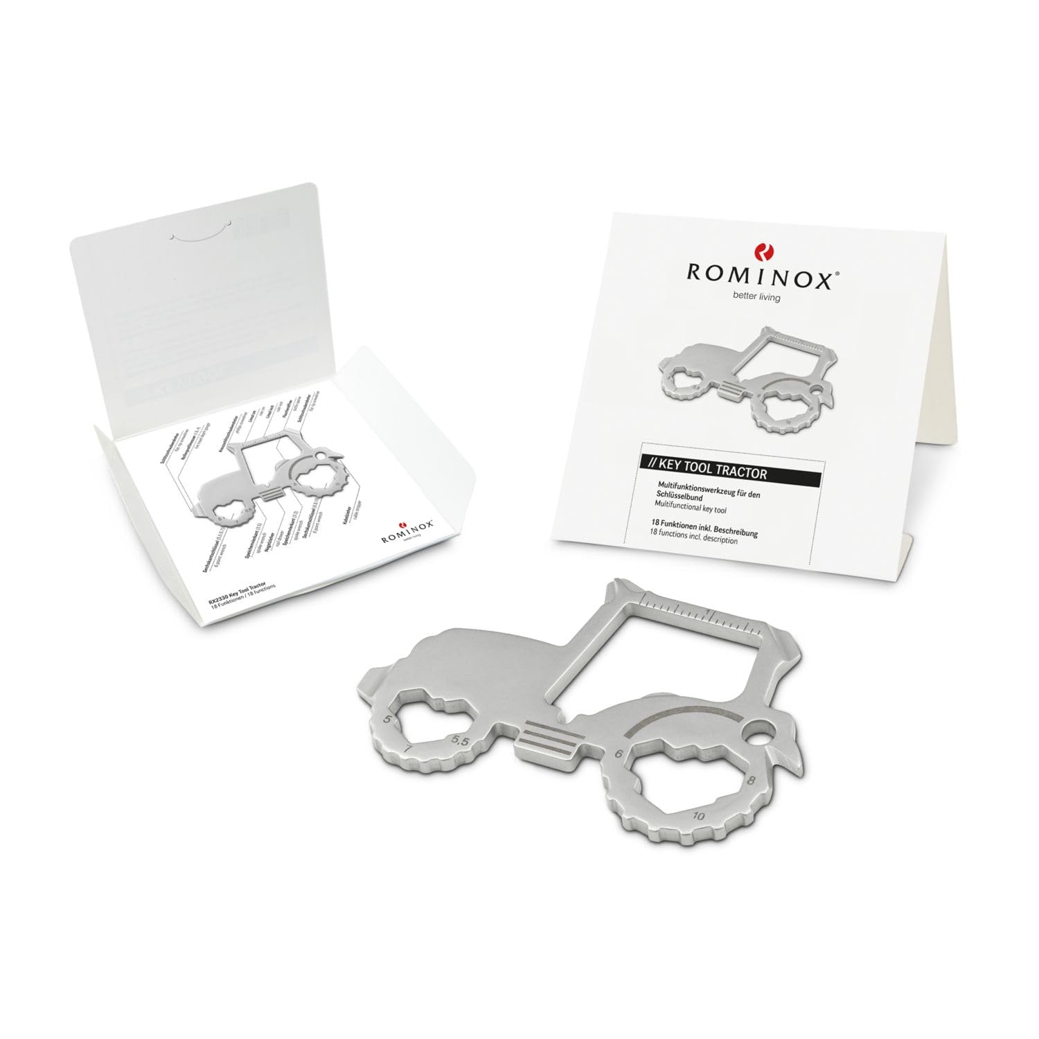 Gift Item: ROMINOX Key Tool, Tractor, 18 Functions, Keytool Key Ring, Shopping Trolley Remover, Stainless Steel Multitool + Function Description, Multifunction Tool, Travel or Holiday, (RX2330)