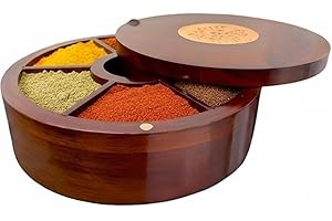 Premium Acacia Wood Spice Box Masala Dabba 7 section Spice Cellar Kitchen Storage Container Airtight Swiveling Magnet Floral 