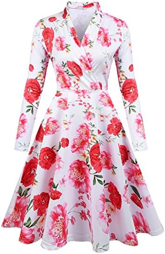 Zeakee Women Spring Casual Rose Floral Print Wrap V Neck Long Sleeve Party Dress White Floral Large