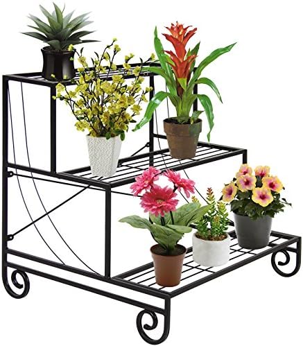Elegant And Stunning Scrollwork Design Decorative Black 3 Tier Metal Plant Stand Shelf Rack Great For Flower Pots Looks Great In Your Patio Balconies