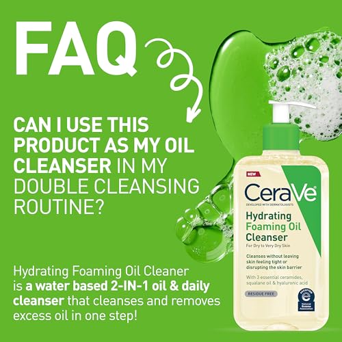 CERAVE HYDRATING FOAMING OIL CLEANSER, MOISTURIZING OIL CLEANSER FOR FACE & BODY, SQUALANE OIL + HYALURONIC ACID + CERAMIDES, FOR DRY TO VERY DRY SKIN, FRAGRANCE FREE & RESIDUE FREE, 19 FL OZ