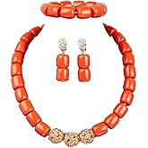 Africanbeads 1Row Orange Artificial Coral Necklace Bracelet Earrings,Chunky Multilayer Statement Choker Necklace,Nigerian Dubai Wedding African Bridal Coral Beads Jewelry Set for Women(Gold Balls)