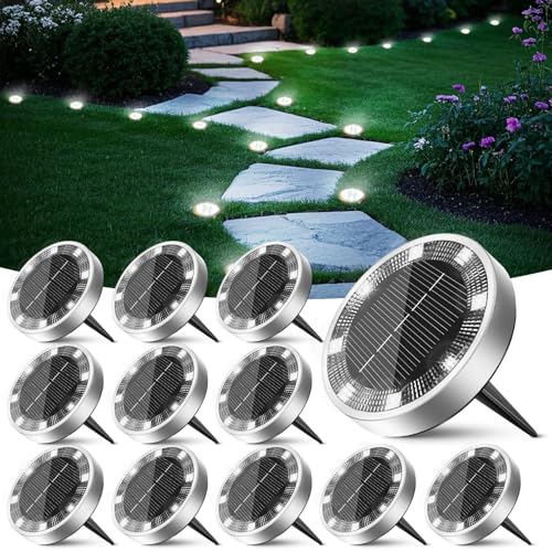 Peasur 12 Packs Solar Lights LED Outdoor Garden Ground, 8 LED Solar Light Outdoor Garden, IP65 Waterproof Solar Lights for Patio, Path, Lawn, Cool White