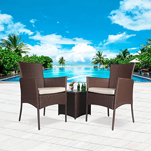 UPC 607376060920, Cloud Mountain Outdoor 3 Piece Patio Bistro Set Chair Set Wicker Rattan Bistro Set Wicker Furniture - Two Chairs with Glass Coffee Table, Creamy White Cushion Cocoa Brown Rattan