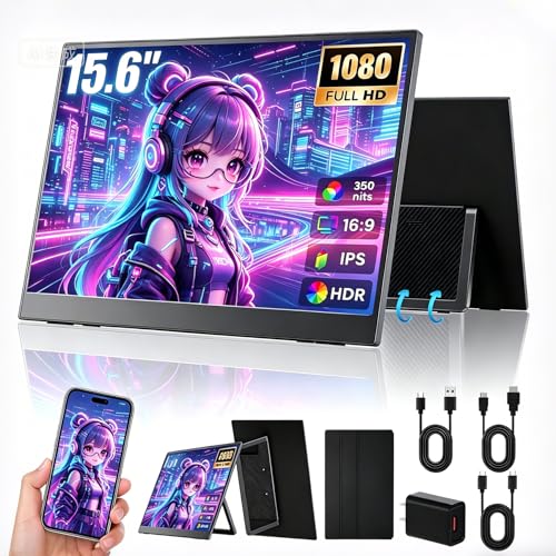 Monitor Portátil de 15,6 Pulgadas. Monitor para Juegos IPS Full HD 1080p/60Hz con Puertos USB-C y HDMI, Compatible con Portátiles, Ordenadores, Teléfonos Móviles, PS5, Mac, Xbox y Switch (Negro).
