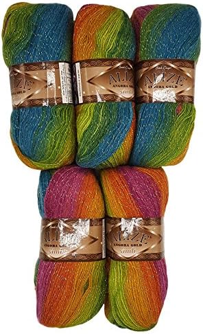Angora gold Simli Glitter wool 5 x 100 gram multicolored with color gradient and Glitter, 500 grams (17,63 oz) knitting wool 2730 yds (2500 meters) (berry orange green etc 3514)