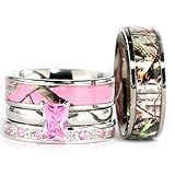 4pcs His Hers Pink Camo Radiant Titanium,Stainless Steel & Sterling Silver Wedding Ring Set