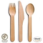 Disposable Wooden Cutlery 250pc Set by Rustic Earthware | Biodegradable Utensils | 100 Forks, 100 Spoons and 50 Knives | Parties, Weddings, and Showers | Summer Picnic Ebook