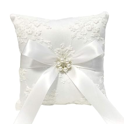 Decoco Lace And Ribbon Decorative White Wedding Ring Pillow
