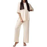 REORIA Womens Fall Lounge Sets Sleepwear Short Sleeve Tops and Long Pants 2 Piece PJ Pajama Sets
