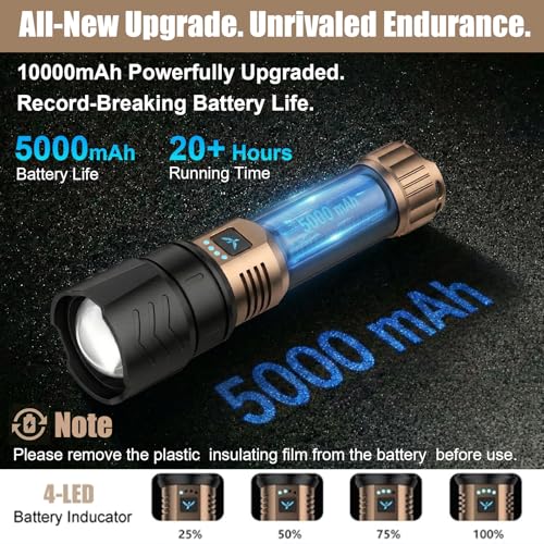 SKYFIRE Tactical LED Torch Ultra Powerful 50000 Lumens - Adjustable Zoom, Ignition Lens, 4 Lighting Modes, Powerbank Function, IPX6 Waterproof for Outdoor, Camping (Black and Gold)