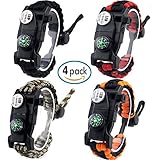 Lovelyes Paracord Bracelet Survival Gear,Outdoor Emergency Survival Bracelet with Waterproof SOS LED Light Emergency Knife Whistle Compass Fire Starter for Camping Hiking Cycling (4-Pack)
