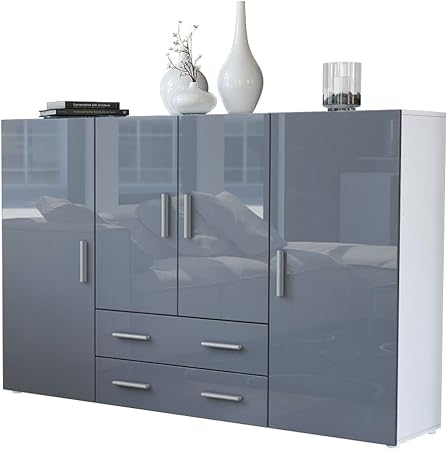 Vladon Highboard Sideboard Nora Korpus In Weiss Matt Front In Grau Hochglanz Vladon Amazon De Kuche Haushalt