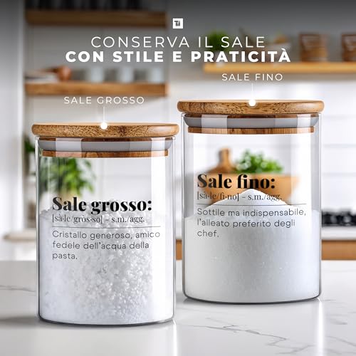 Tundra Set of 2 Fine and Coarse Salt Jars in Borosilicate Glass with Airtight Closure 800 ml – Salt Holder with Bamboo Lid, Glass Kitchen Spice Containers