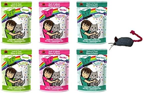 Best Feline Friend BPA & Grain Free OMG Cat Food 3 Flavor Variety 6 Pouch with Toy Bundle, 2 each: Shazaam!, Date Nite!, and Seeya Sooner! (2.8 Ounces)