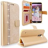 LG K10 Case, Cellularvilla LG K10 Wallet Case [Diamond] Embossed Flower Design Premium PU Leather Wallet Case [Card Slot] [Stand Feature] Flip Protective Shell Cover For LG K10 (Golden Bling)