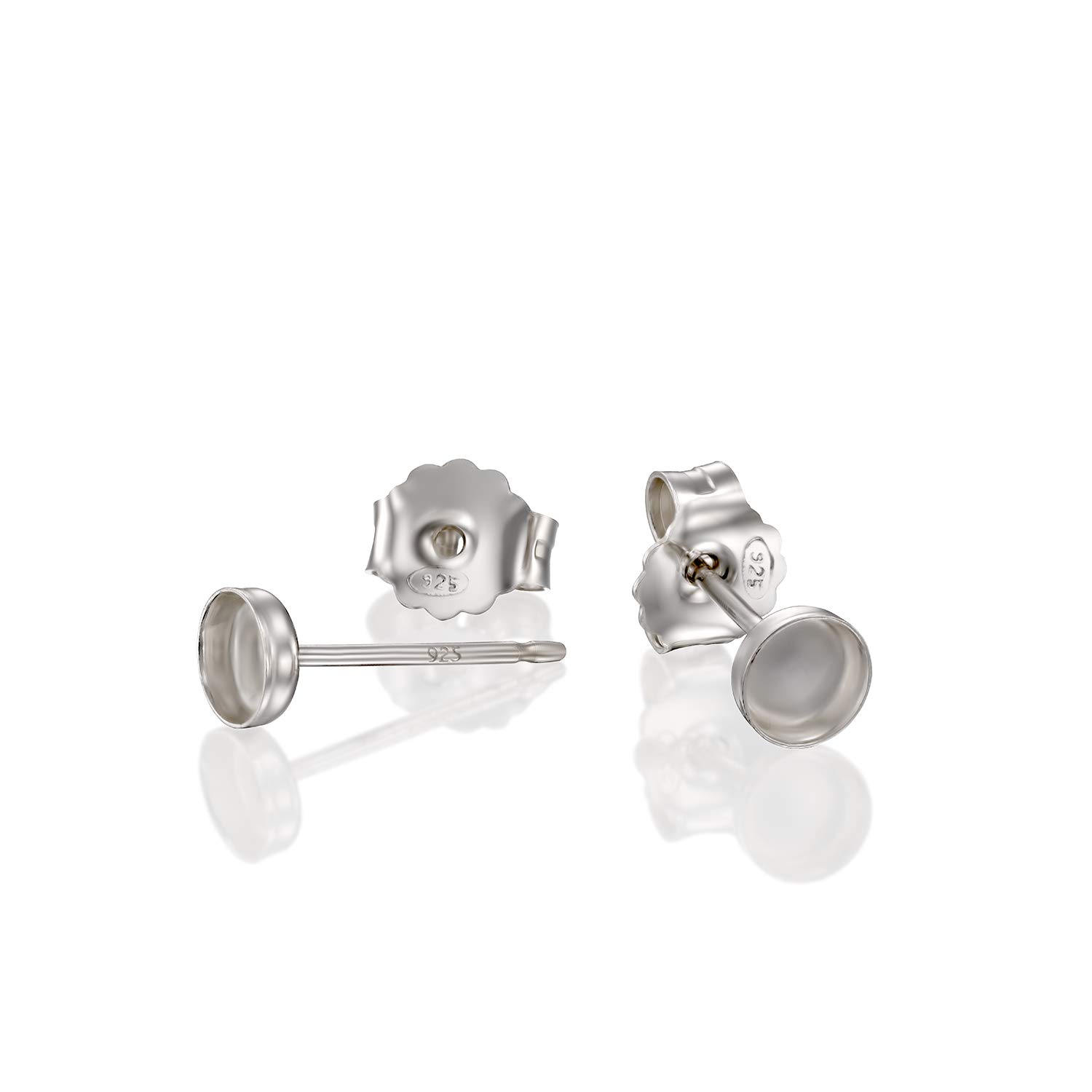 Stera Jewelry Round Setting 925 Sterling Silver 4 mm Bezel Cups Stud Earrings with Post & Butterfly Backs, 4 Pcs (2 Pairs)
