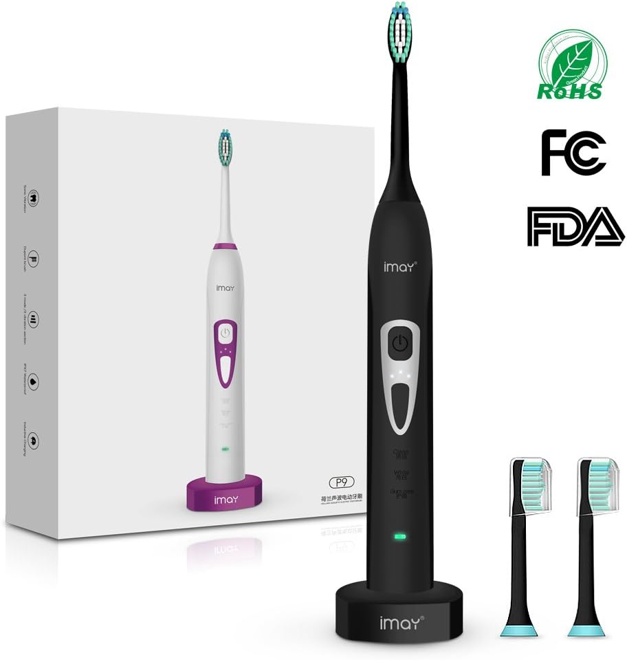 imay Electric Toothbrush with 5 Modes Waterproof Deep Clean Smart Timer Cordless Inductive Rechargeable Sonic Toothbrush 3 Count Replacement Brush Heads (Black1)