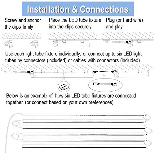 6-Pack HouLight Corded LED T5 Integrated Light Fixture, Super Bright Daylight White(6500K), 4-Foot, 2200 Lumens, 18W, Built-in ON/Off Switch, for Under Cabinet Light, Ceiling Light, and Shop Light