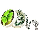 Westmon Works Irish Shamrock Rosary Saint Patrick's Prayer Set with Green Ireland Beads Metal Celtic Crucifix and Holy Card in a Case