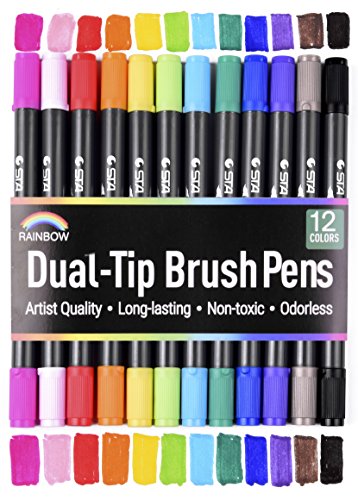 Rainbow Premium Dual Tip Markers - 12 Unique Watercolor Drawing Pens - Fineliner & Brush Tips - Water Based Ink - Non Bleed - Art Marker Set for Drawing, Coloring, Journaling, Lettering