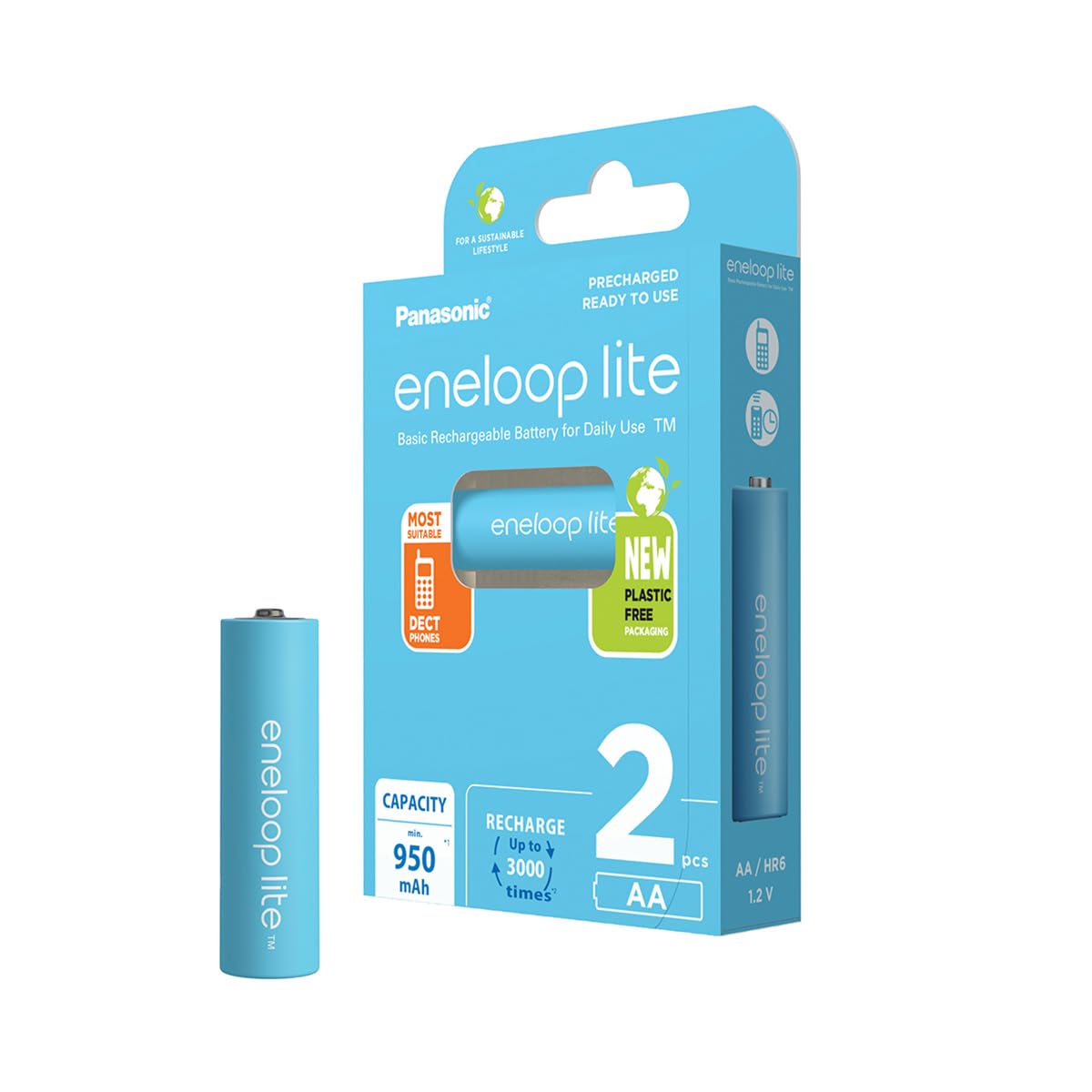 Panasonic Eneloop Lite AA 950mAh Eneloop NiMH Ready to Use Rechargeable Battery BK 3LCCE/2BE (2 Eneloop Lite Batteries)