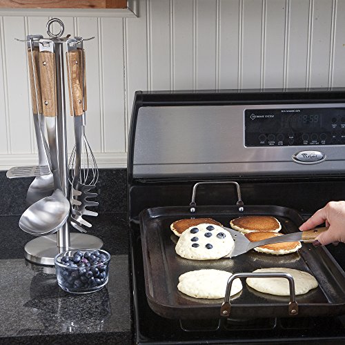 Premium Wooden Kitchen Utensils Set with Stainless Steel Stand - Includes: Spatula, Serving Spoon, Soup Ladle, Whisk, Potato Masher and Spaghetti Server, Grilling & Cooking Made Easier - By BBQ-Aid