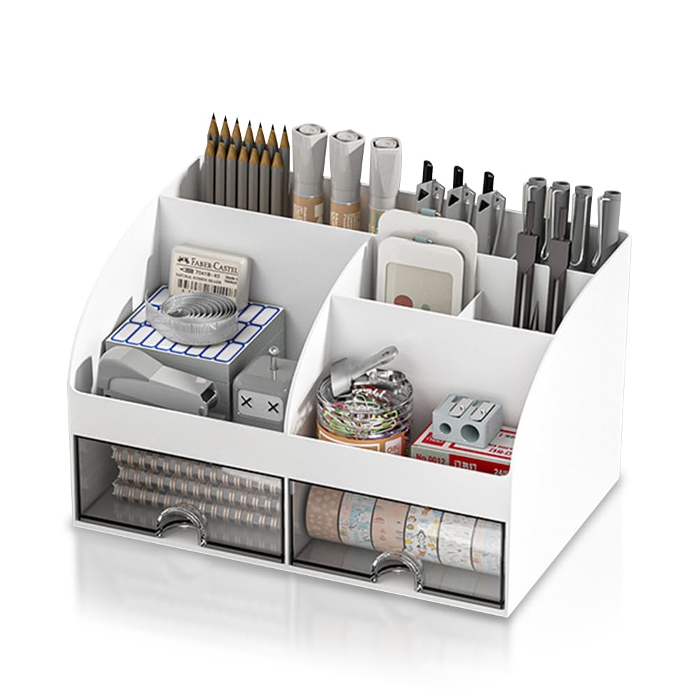 BOJVESH Desk Organiser with Drawer, 8 Grids, Multifunctional Plastic Stationary Organiser, Tidy White Desktop Storage Box, Large Capacity Desk Accessories for Home Office School Table Decor — image 1