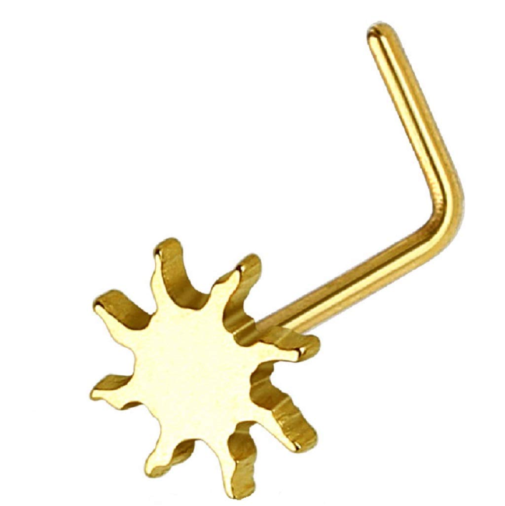 PiercedOff Gold Tone IP over 316L Surgical Steel L Bend Nose Stud with Sunburst Head - Thickness 20GA (0.8mm) / Length 6mm / Sunburst Size 5mm