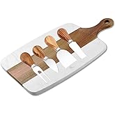 Marble and Acacia Wood Cheese Cutting Board with 4Pcs Cheese Knife Set,Luxury Charcuterie Serving Board w Utensils| Handmade Easy Grip Handle Appetizer Platter Display Tray (13.78 IN*7.08 IN*0.8 IN)