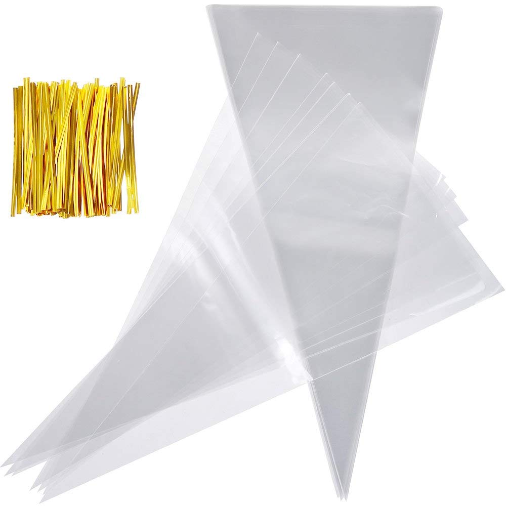 Faburo 100pcs Sweet Cones, Sweet Cone Bags(37x18cm), Clear Cello Bags Treat Bags with 100 Gold Twist Ties for Sweets, Crafts