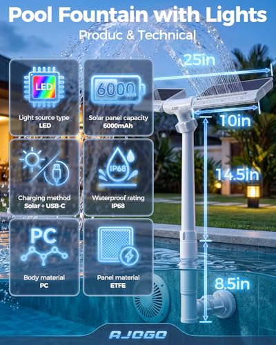 AJOGO Solar Pool Fountain with Lights for Inground & Above Ground Pools — Dual-Powered Rechargeable, 10-Color Dynamic LED Waterfall, 15°F Cooling Aerator (White)