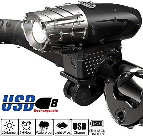 Bicycle Headlight - Super Bright USB Rechargeable Bike Front Light 200LM LED Water Resistant - Easy to Install & Remove for MTB & Road Bike