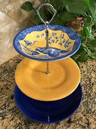 Three Tier Stand, Jewelry Stand, Vanity Stand, Cake Plate, Tray, Mismatched Plates, Cupcake Stand, Dessert, Appetizer, Tidbit, Vintage, Blue and Yellow, Hippo
