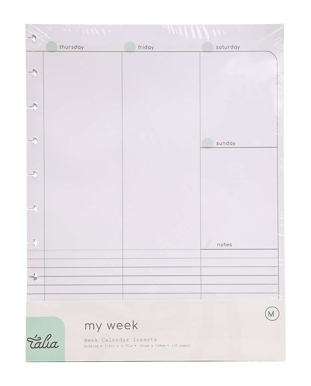 Talia Discbound Notebook Refills (Weekly Undated Layout, Midsize (7.5in x 9.75in))