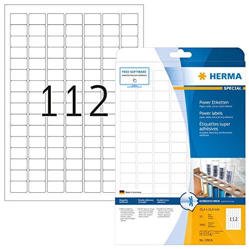 HERMA Extra Strong Adhesive Labels, 112 Labels per A4 Sheet, 25 Sheets, 25.4 x 16.9 mm, 2800 Labels, Blank Heavy Duty Labels Stickers, Sticky Labels for Laser & Inkjet Printer, White