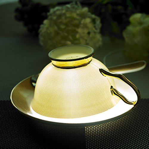 Panbado 3Pcs Bone China Tea Cup and Saucer Set with Spoon, 200 ml/6.8 oz, Golden Grid - Thumbnail 4