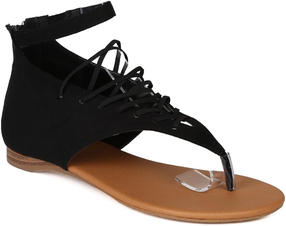 Amazon.com | Qupid Agency-312X Women Suede Thong Elastic Lace Ankle Strap Flat Sandal AG73 