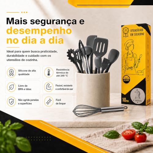 Conjunto CINZA Utensílios Jogo Kit Profissional 10 Peças Cozinha Silicone Resistente a Altas Temperaturas Antiriscos BPA Free Colher Espátula X-MATTE