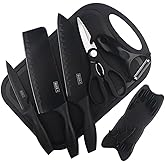 7-Piece Black Knife Set with Stand，Professional Kitchen Knife Set with Cutting Board