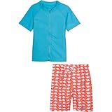 SwimZip Zipper Short Sleeve Rash Guard Swimsuit Set DinoMite Gray
