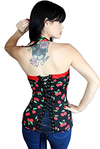 Cherry Pinup Halter Lace up Rockabilly Corset ~Black (S/M, BLACK)