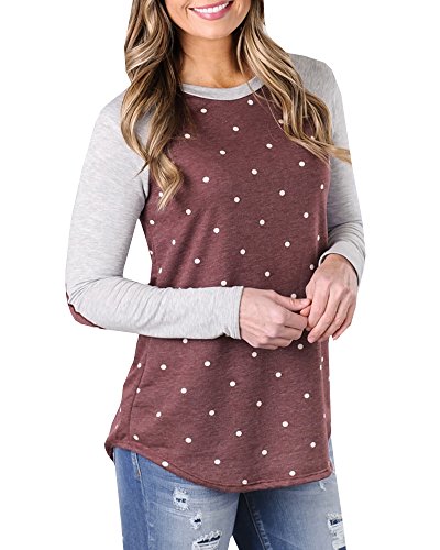 Foshow Womens Spring Shirts Polka Dot Printed Top Raglan Sleeve Crew Neck Tshirt