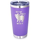 Bevvee Gettin Piggy - Insulated Coffee Tumbler Cup with Sliding Lid - Stainless Steel Insulated Mug - Pig Themed Coffee Gifts - Purple