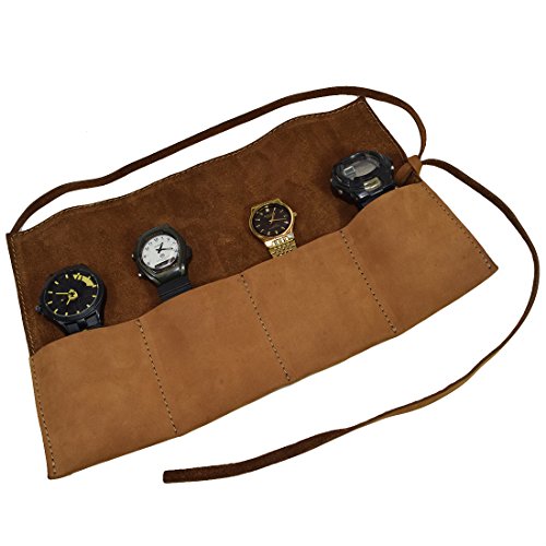 Soft Leather Travel Watch Roll Organizer Holds Up To 4 Watches Handmade by Hide & Drink :: Toffee Suede