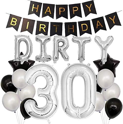 Pop the Party Dirty 30 Birthday Party Decorations Happy Birthday Banner 30inch Silver Number 30 Balloons Silver and Black Latex Balloons for 30th Birthday Party